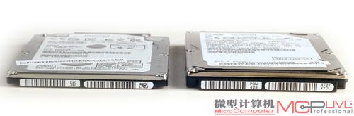 相比常规的9.5mm厚度硬盘，7mm厚度的日立Z5K320硬盘（左）更轻薄。这是Aspire S3采用传统硬盘，也能采用与SSD硬盘型号相同的超轻薄设计的原因所在。当然，根据批次的不同，Aspire S3也可能搭配其他厂商生产的同规格硬盘。
