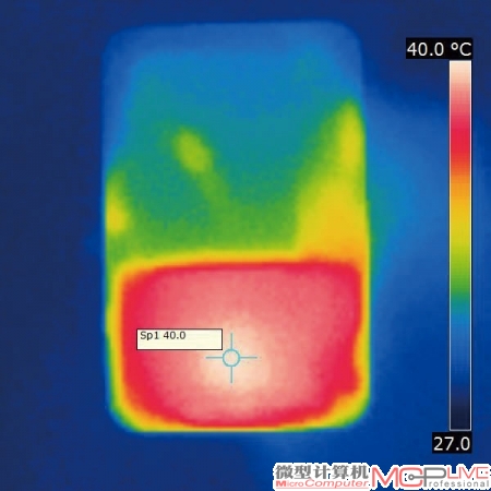 从热成像仪的监控来看，其电路板所在区域的发热比较明显，在40℃左右，实际使用时手有可能流汗。