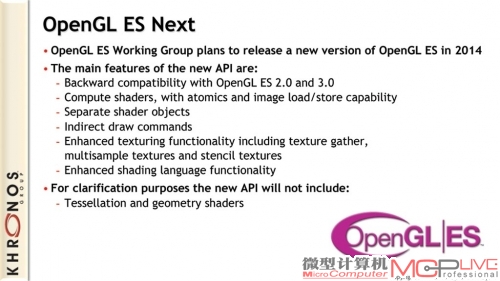 Open GL ES 3.1在之前的会议上曾经被提出过来，并明确说明不会支持曲面细分、几何着色器。