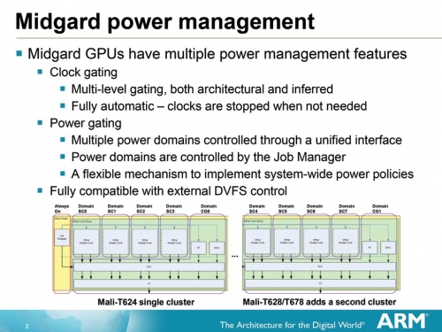 作为一款移动SoC GPU，Midgard在电能控制上主要使用了功耗门控和频率门控两种技术。
